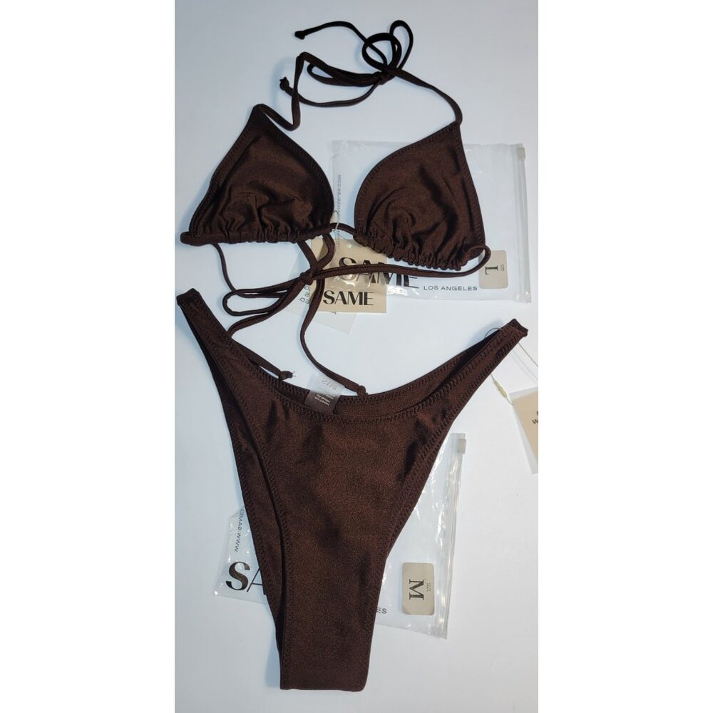 SAME Los Angeles Swim Bikini Set 2Pc Triangke Top L 90s Bottom Medium Brown SZ M - Picture 3 of 16